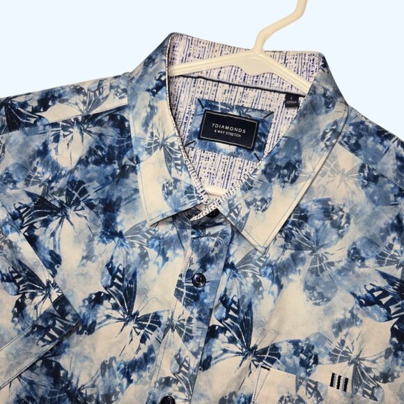 7 Diamonds 4 Way Stretch Shirt Men's Large Blue Butterfly Geometric Short Sleeve - Picture 1 of 6